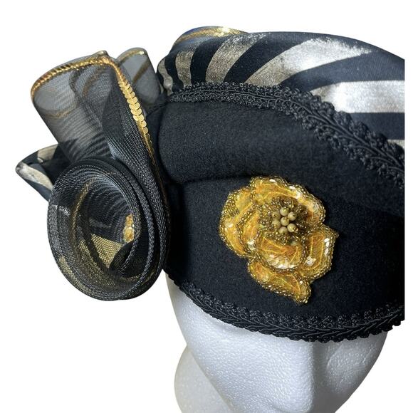 Vtg Black Hat Church Kentucky Derby Easter Milan By Charm Women’s Gold Flower main image 6